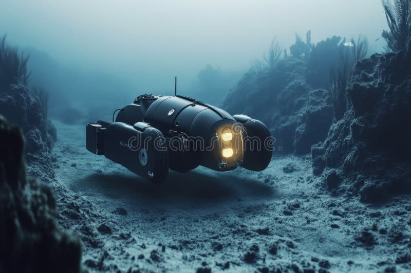 Underwater exploration with a remote-operated vehicle in a deep ocean environment stock photos