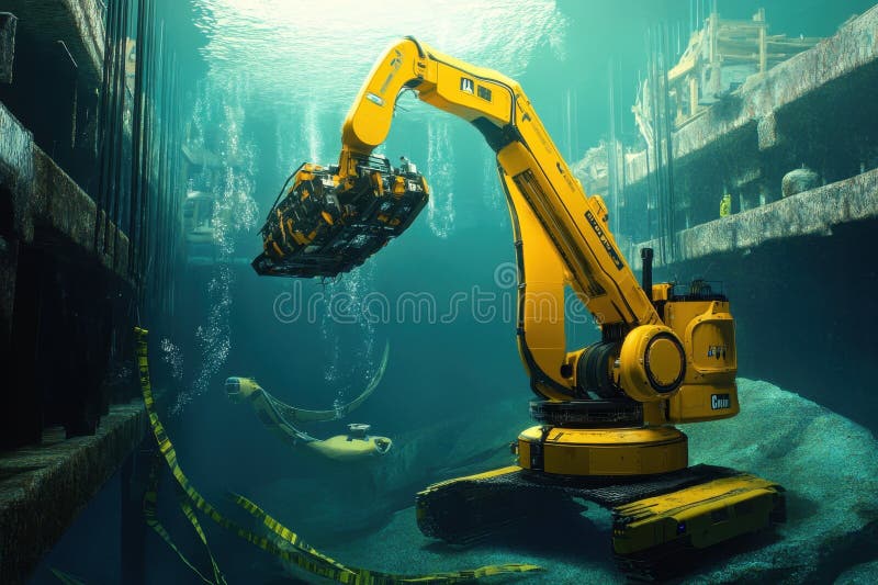 Underwater exploration of a submerged structure using remote-operated machinery at sea royalty free stock image