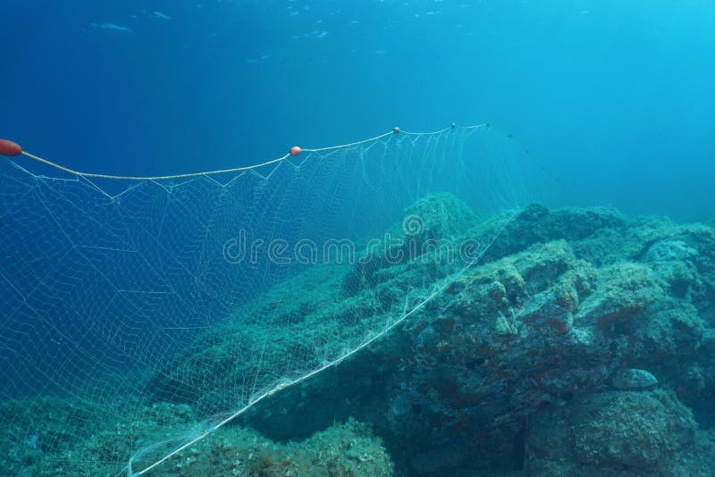 Underwater sea fishing net gillnet on the seabed