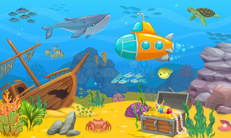 Underwater game level landscape with sunken ship stock illustration