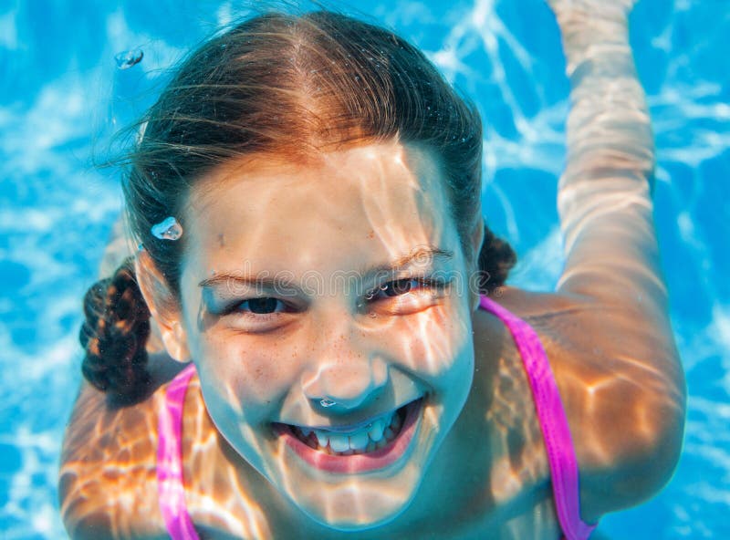 Swimming Young Girl with Long Haired Underwater in Pool Stock Photo ...