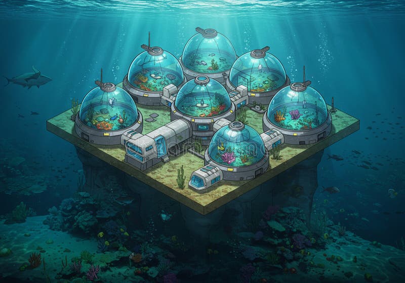 An underwater habitat composed of multiple interconnected glass domes resting on the ocean floor vector illustration