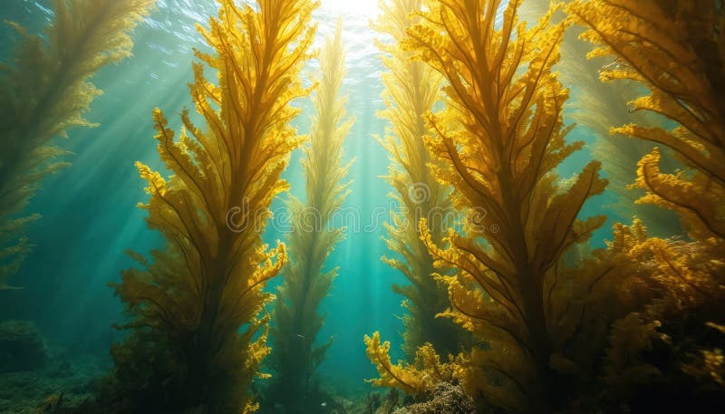 Underwater kelp forest illuminated by sunlight creates golden rays vibrant marine ecosystem with algae seaweed tranquil ocean vektor illustrationer