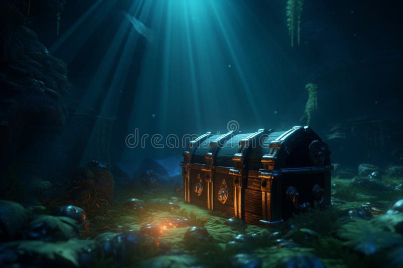 Underwater Magic, 3D Rendering Features an Old Treasure Chest Stock