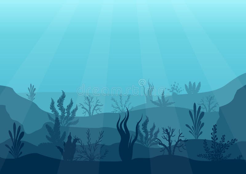 Underwater ocean scene. Deep blue water, coral reef and underwater plants. Marine sea bottom silhouette with seaweed