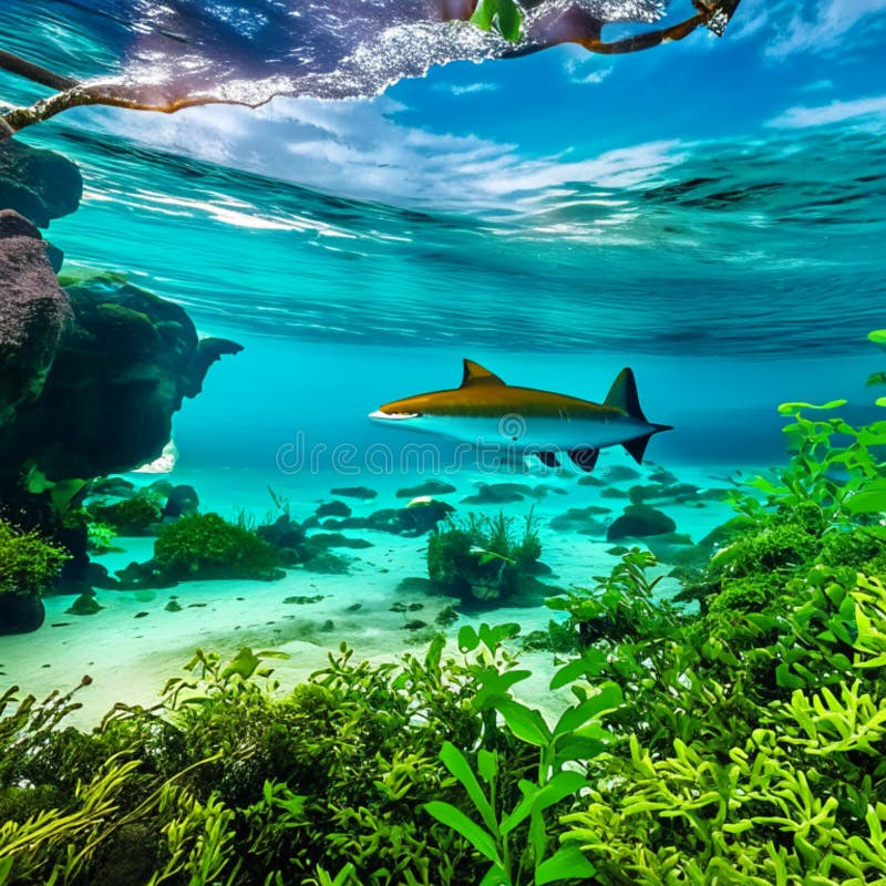 Underwater Panoramic View of Coral Reef with Fish and Shark AI