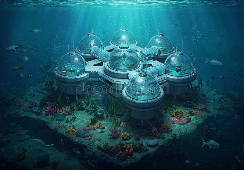 Underwater research station with interconnected glass domes and central structure. stock illustration