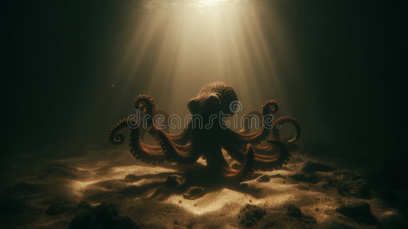 Underwater Scene Capturing an Octopus Silhouette on Sandy Floor With Dramatic Sunlight Beams stock photo