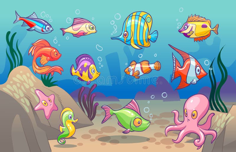 Underwater scene. Cute sea tropical fishes ocean underwater animals. Undersea bottom with corals seaweeds kids concept