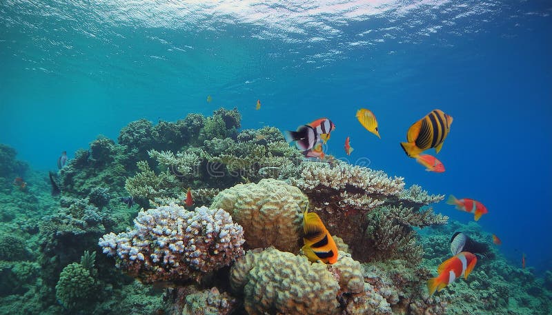 Underwater scene with exotic fishes and coral reef of the Red Sea vector illustration