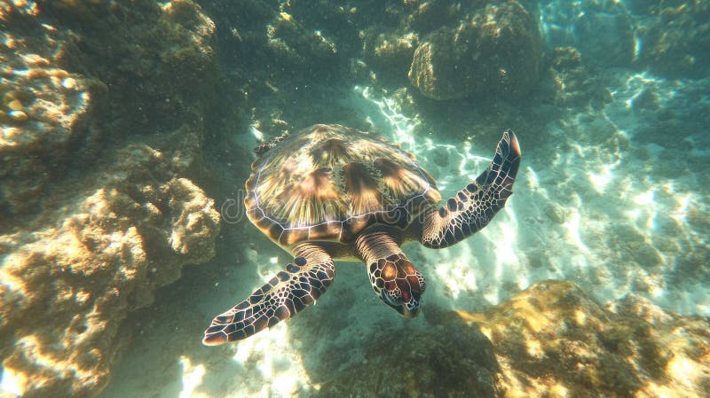 Underwater scene featuring a swimming turtle royalty free illustration