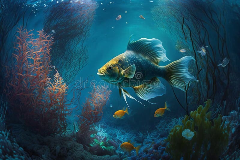 An underwater scene with a fish swimming stock photography