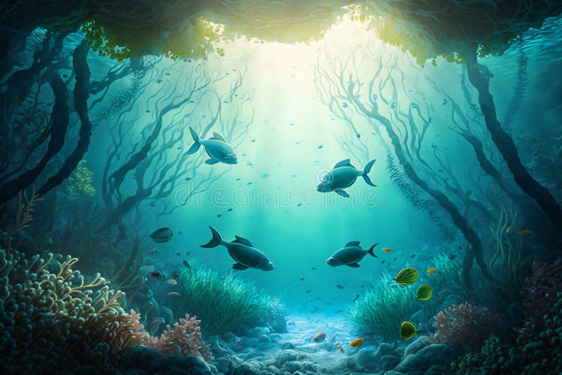 An underwater scene with a fish swimming stock photography