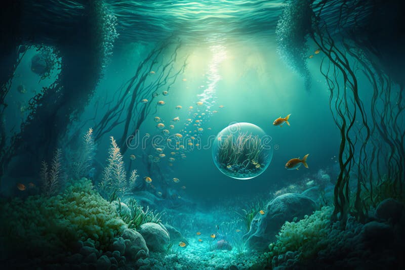 An underwater scene with a fish swimming stock images