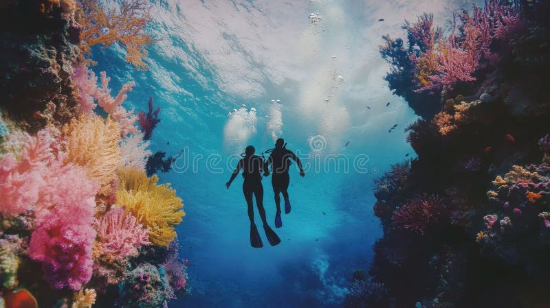 Underwater scuba divers explore vibrant coral reef ilustração do vetor