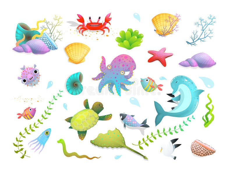 Underwater sea life, ocean creatures and shells clipart collection isolated on white.