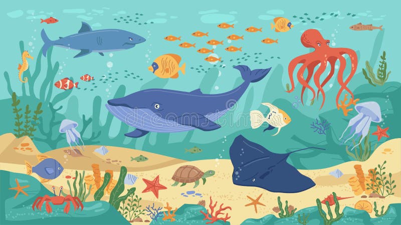 Underwater Sea Ocean Animals, Corals and Seaweeds Stock Vector -  Illustration of jellyfish, stingray: 218917182