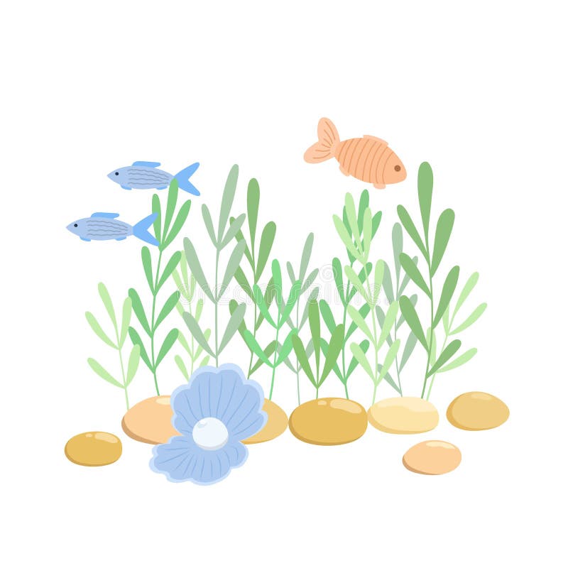 Underwater seaweed, stones, cute seashell with pearl and swimming fish vector illustration, marine life simple cartoon style