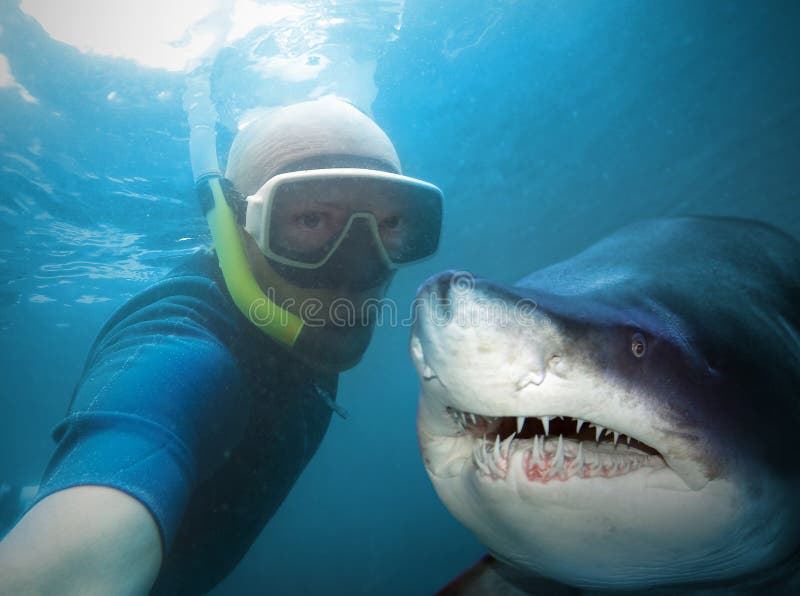Underwater selfie. Underwater selfie with friend. Scuba diver and shark in deep sea Underwater selfie. Underwater selfie with friend. Scuba diver and shark in deep sea