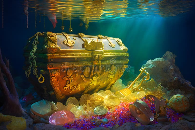 Underwater Treasure Chest. Neural Network AI Generated Stock Photo