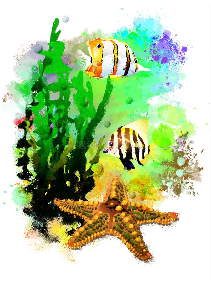 Underwater tropical world on an abstract watercolor background. stock illustration Underwater tropical world on an abstract watercolor background. stock illustration