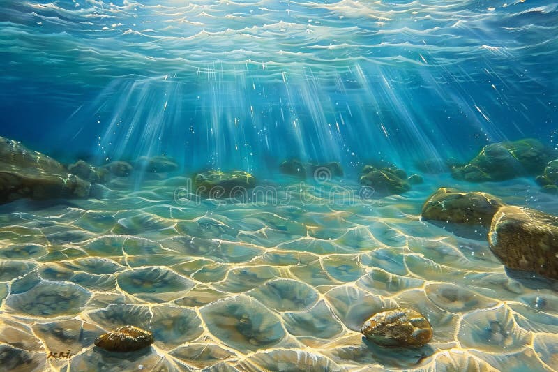 An underwater view of the ocean floor, with sunbeams shining through clear water and rocks on the bottom, creating an eerie y royalty free illustration