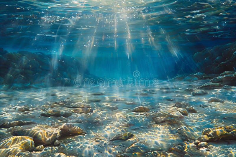 An underwater view of the ocean floor, with sunbeams shining through clear water and rocks on the bottom, creating an eerie y royalty free illustration