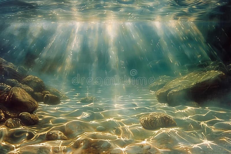 An underwater view of the ocean floor, with sunbeams shining through clear water and rocks on the bottom, creating an eerie y stock illustration