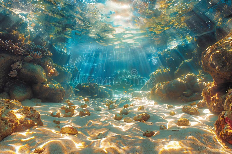 An underwater view of the ocean floor, with sunbeams shining through clear water and rocks on the bottom, creating an eerie y royalty free illustration