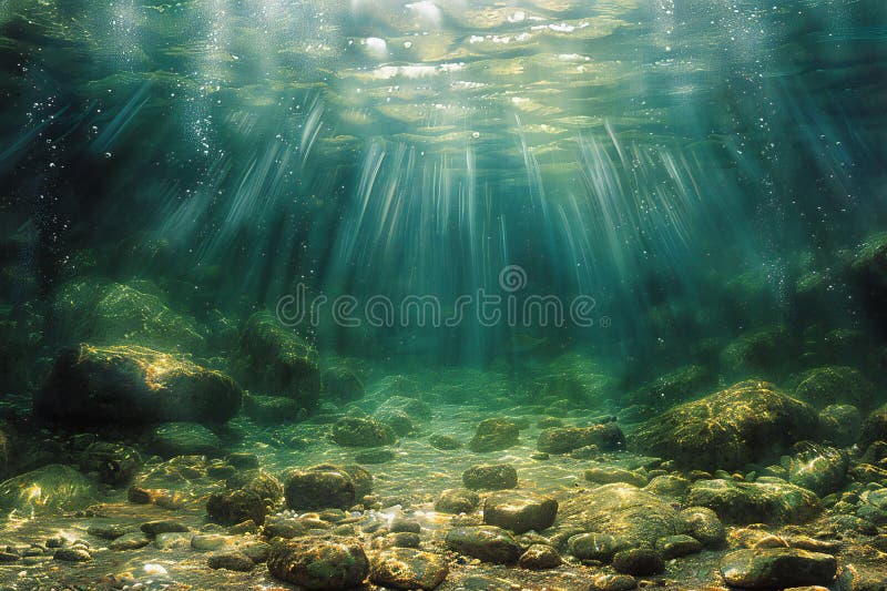 An underwater view of the ocean floor, with sunbeams shining through clear water and rocks on the bottom, creating an eerie y royalty free illustration