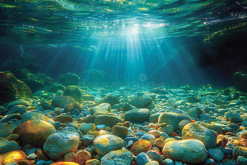 An underwater view of the ocean floor, with sunbeams shining through clear water and rocks on the bottom, creating an eerie y stock illustration
