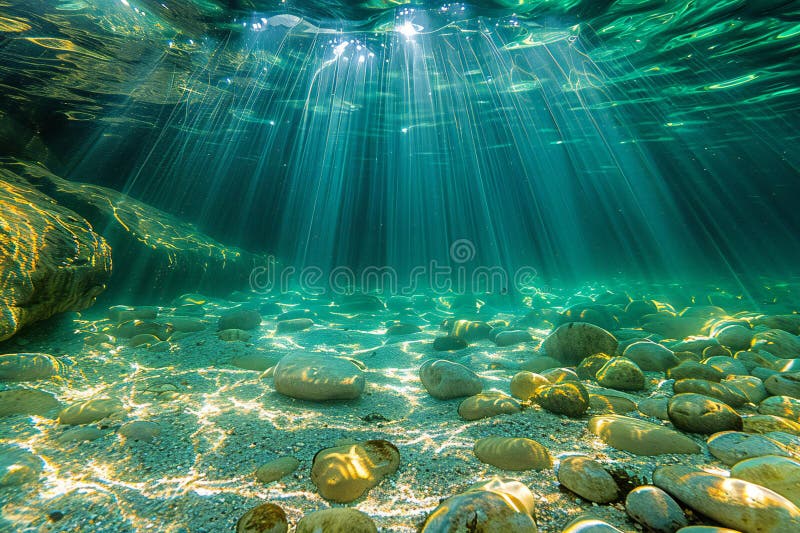 An underwater view of the ocean floor, with sunbeams shining through clear water and rocks on the bottom, creating an eerie y stock illustration