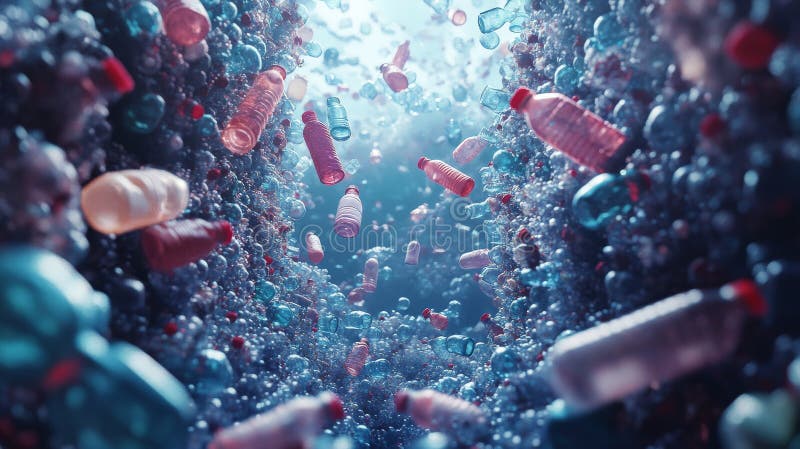 Underwater view of plastic bottles floating in ocean pollution stock photo