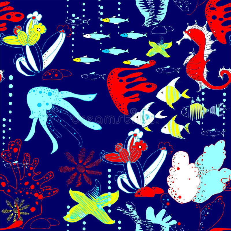 Underwater world with fish, jellyfish, sea horses, sea stars, corals, waterways royalty free illustration Underwater world with fish, jellyfish, sea horses, sea stars, corals, waterways royalty free illustration