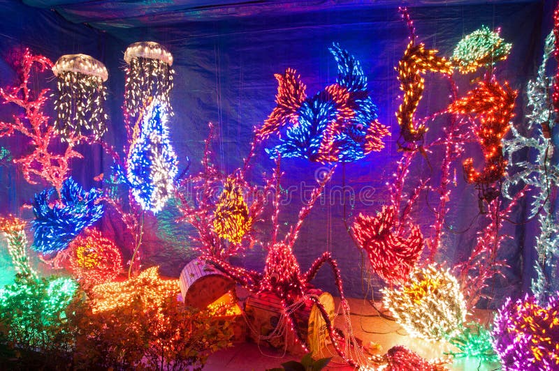 Underwaterr Aquarium Fish Scene Christmas holiday Lights at Nigh