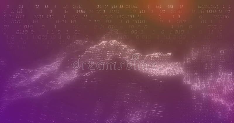 Undulating 3D digital wave shifting across data visualization space, with floating binary code vector illustration