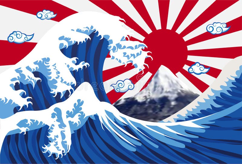 Undă de mare cu drapelul Mount Fuji și Japonia vector illustration