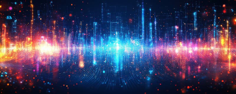 Undă digitală colorată abstractă cu fluxuri de date și lumini vibrante strălucitoare stock images