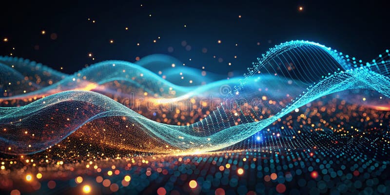 Undă dinamică cu ochiuri de particule digitale, un cadru futurist pentru securitatea cibernetică a datelor și inovația tehnologică royalty free illustration