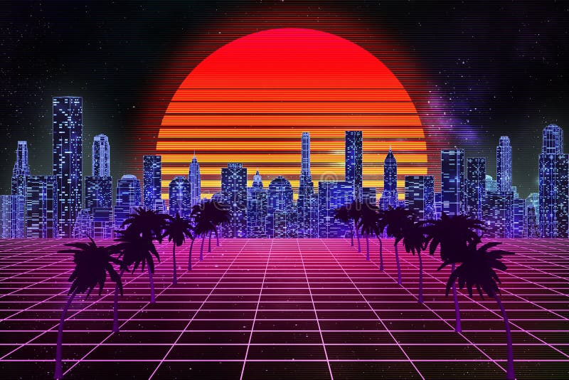 Undă retro sinthwave sau orizont cu undă vaporizată pe timp de noapte, cu cer stelar și soare 3d, făcând abstract royalty free illustration