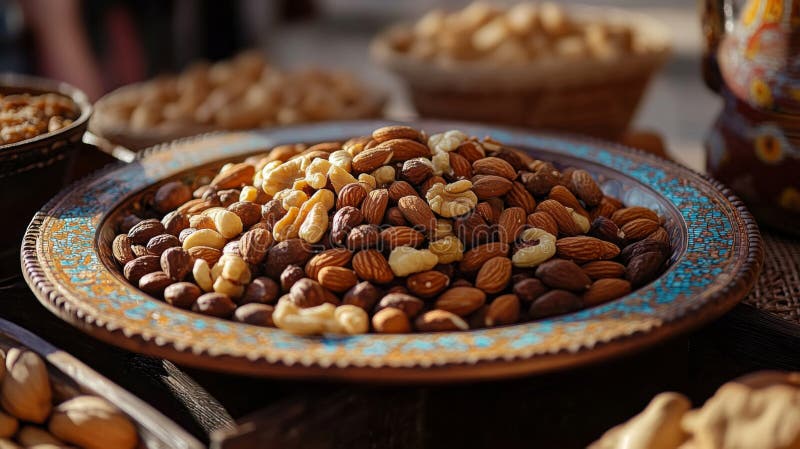 Une assiette décorative de noix mélangées, d'amandes et de noix illustration libre de droits