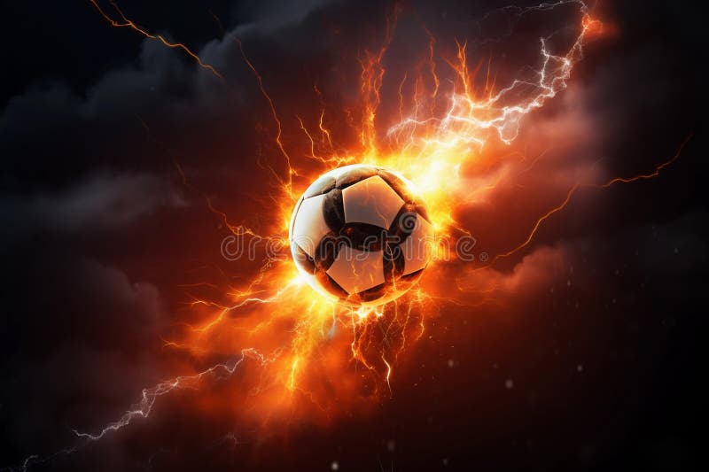 Une balle de football entourée d'éclairs intenses et d'énergie enflammée symbolisant un match épique de football. L'atmosphère électrique d'un match de football crucial est capturée comme une balle rayonne avec une foudre féroce et l'énergie de flambée. cette image dynamique a été générée à l'aide d'ai