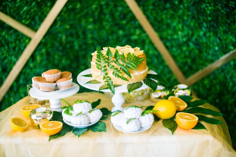 Une barre de fête de kandi décorée dans un style tropical avec des petits pains de gâteau de citron et des guimauves et des ballo image libre de droits Une barre de fête de kandi décorée dans un style tropical avec des petits pains de gâteau de citron et des guimauves et des ballo image libre de droits