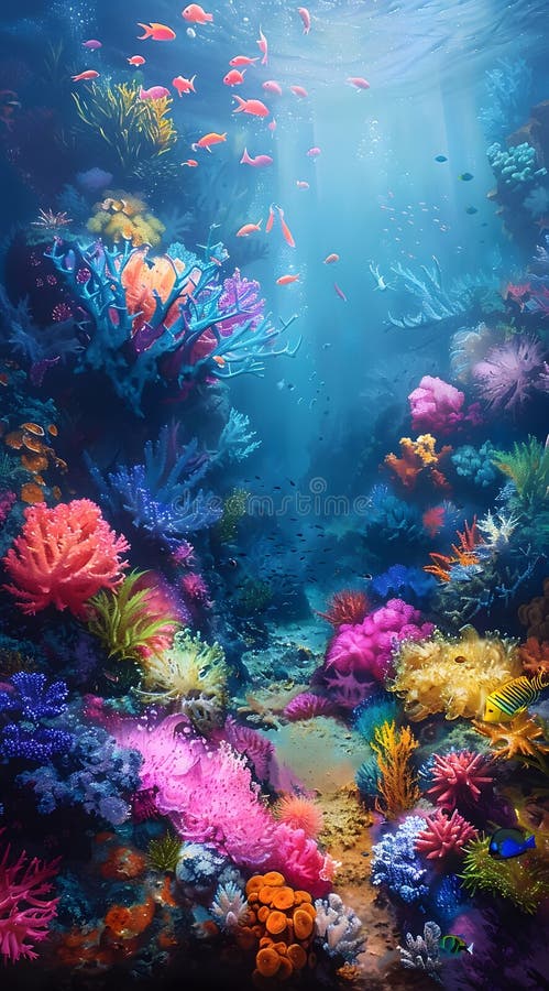 An underwater paradise of colorful coral reef with electric blue, purple, and magenta fish swimming around. A beautiful pattern of marine biology organisms AI generated. An underwater paradise of colorful coral reef with electric blue, purple, and magenta fish swimming around. A beautiful pattern of marine biology organisms AI generated