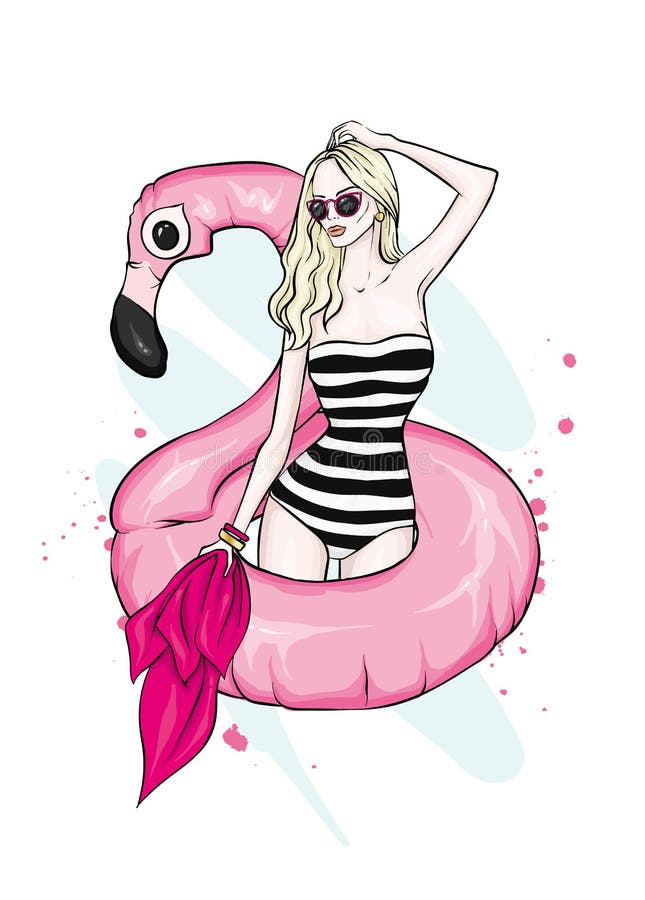 Une belle fille dans un maillot de bain avec un cercle de natation ressemblant à un flamant Mer, vacances, vacances Illustration illustration libre de droits Une belle fille dans un maillot de bain avec un cercle de natation ressemblant à un flamant Mer, vacances, vacances Illustration illustration libre de droits