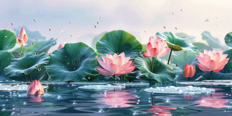 Une belle image d'un étang avec de nombreuses fleurs roses flottant sur l'eau. Les fleurs sont nombreuses. Les fleurs sont de tailles variées et dispersées dans l'étang. L'eau est calme et l'IA sereine générée.