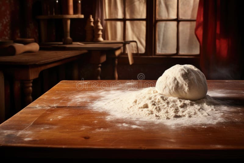Une boule de pâte à pizza sur une table en bois parsemée d'un rouleau. Une boule de pâte à pizza sur une table en bois fleurie avec une broche à rouleaux créée avec de l'ai générée