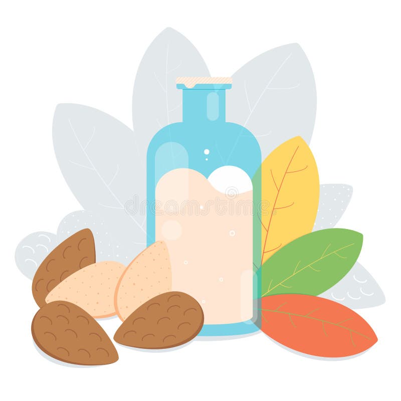 Une bouteille de lait d'amande avec des écrous d'amande dans l'étagère, les feuilles et l'ombre de postérieur illustration de vecteur Une bouteille de lait d'amande avec des écrous d'amande dans l'étagère, les feuilles et l'ombre de postérieur illustration de vecteur