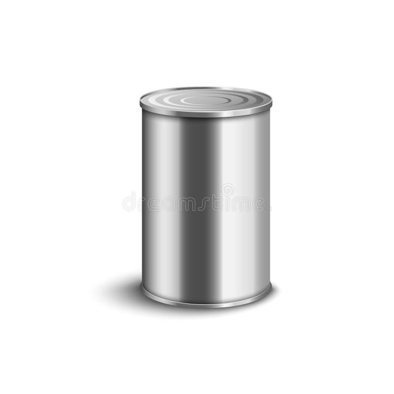 Realistic metal tin can with smooth silver surface isolated on white background - metallic food preserve container for packaging template, vector illustration. Realistic metal tin can with smooth silver surface isolated on white background - metallic food preserve container for packaging template, vector illustration