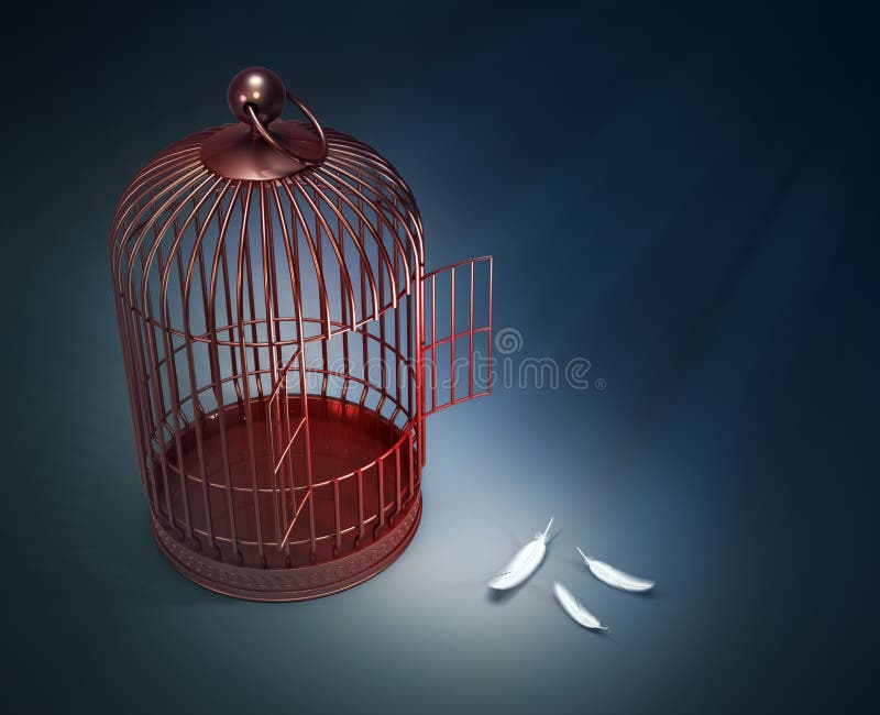 An open bird cage with feathers - freedom concept illustration. An open bird cage with feathers - freedom concept illustration